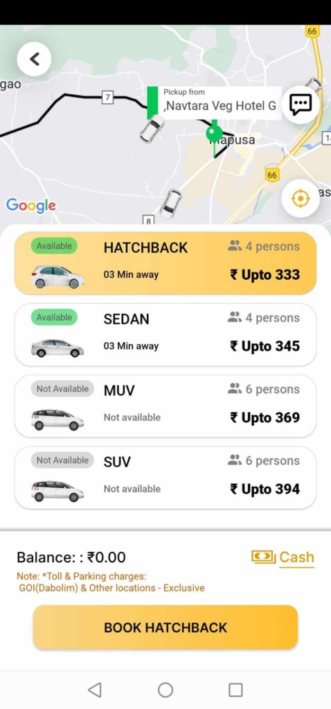 Goa Taxiで検索したときの金額表