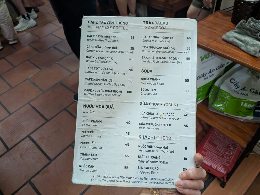 Cafe Giảngのメニュー裏